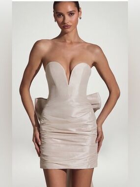 PRINCESS POLLY Satin Bow-Detail Strapless Mini Dress in Ivory SIZE: 2